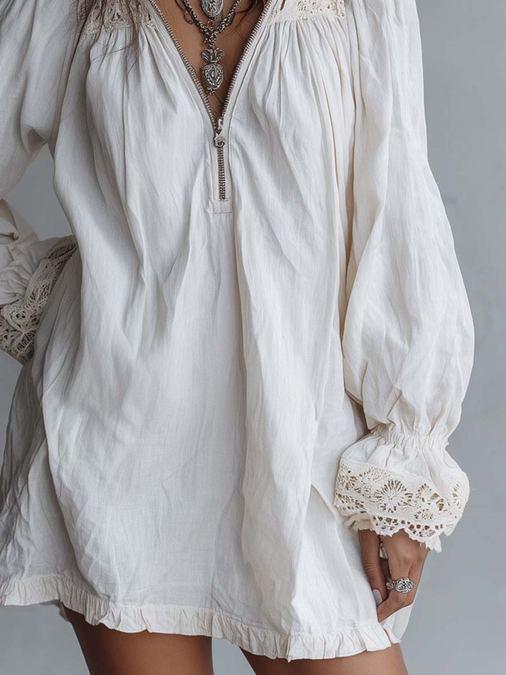 Vintage-style Zip-up Collar Lace-trimmed White Mini Dress | Harry & Kate London