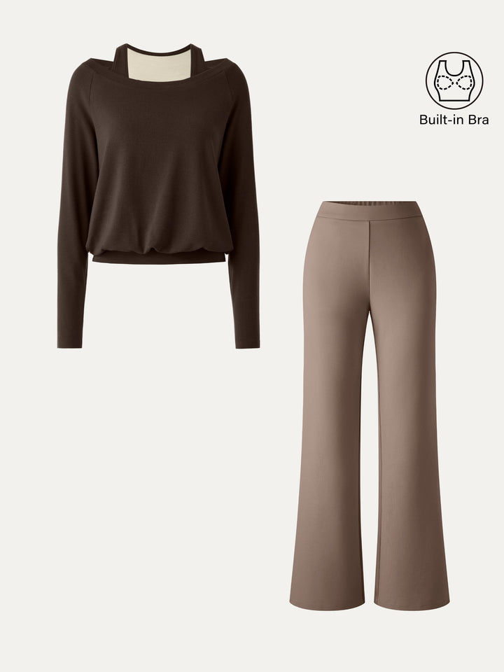 2Pcs Set Multi-Wear Built-In Bra Top 3.0 & Slim Flared Pants with Pockets