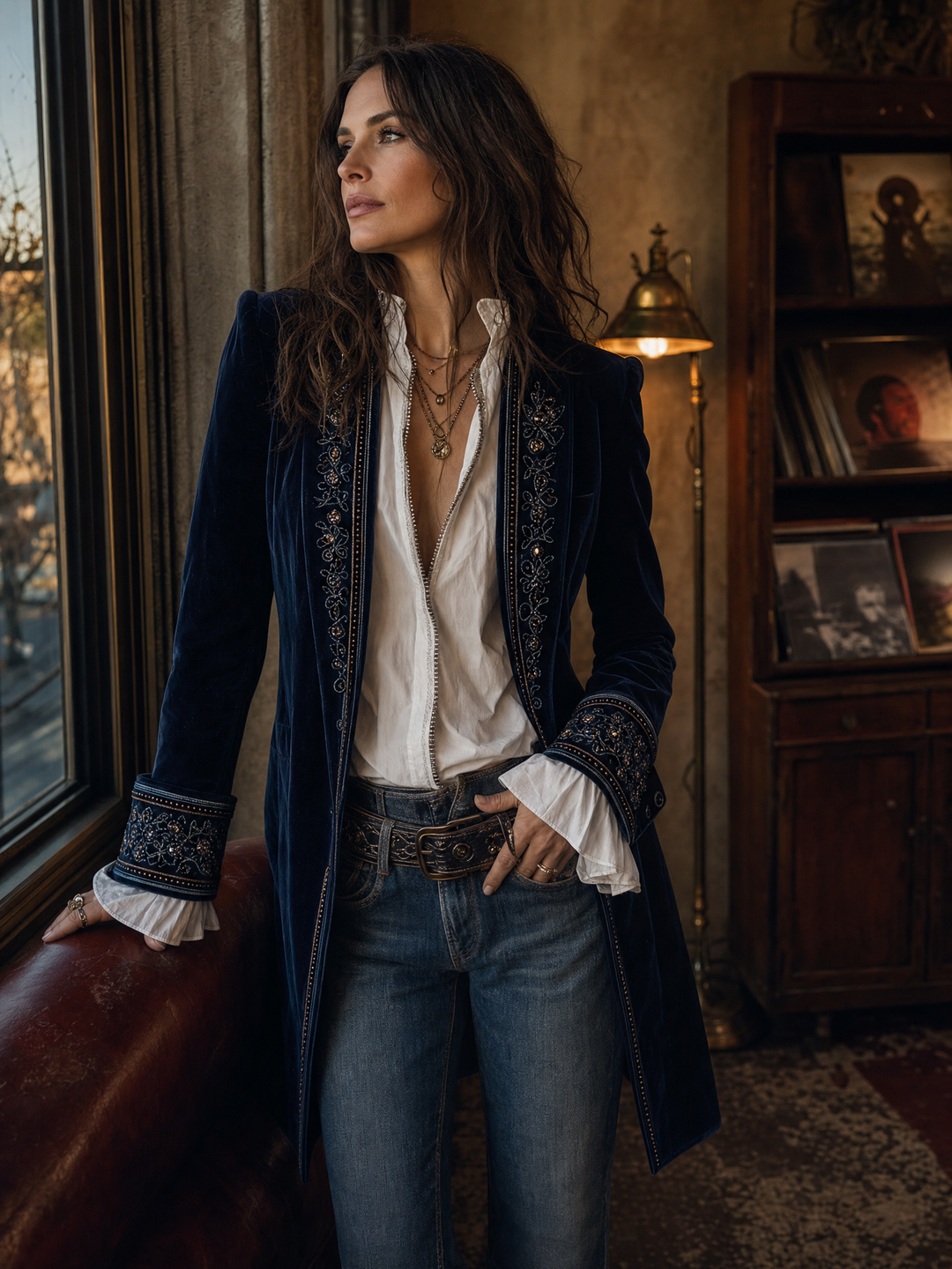Vintage Navy Polyester Velvet Embroidered Long Jacket