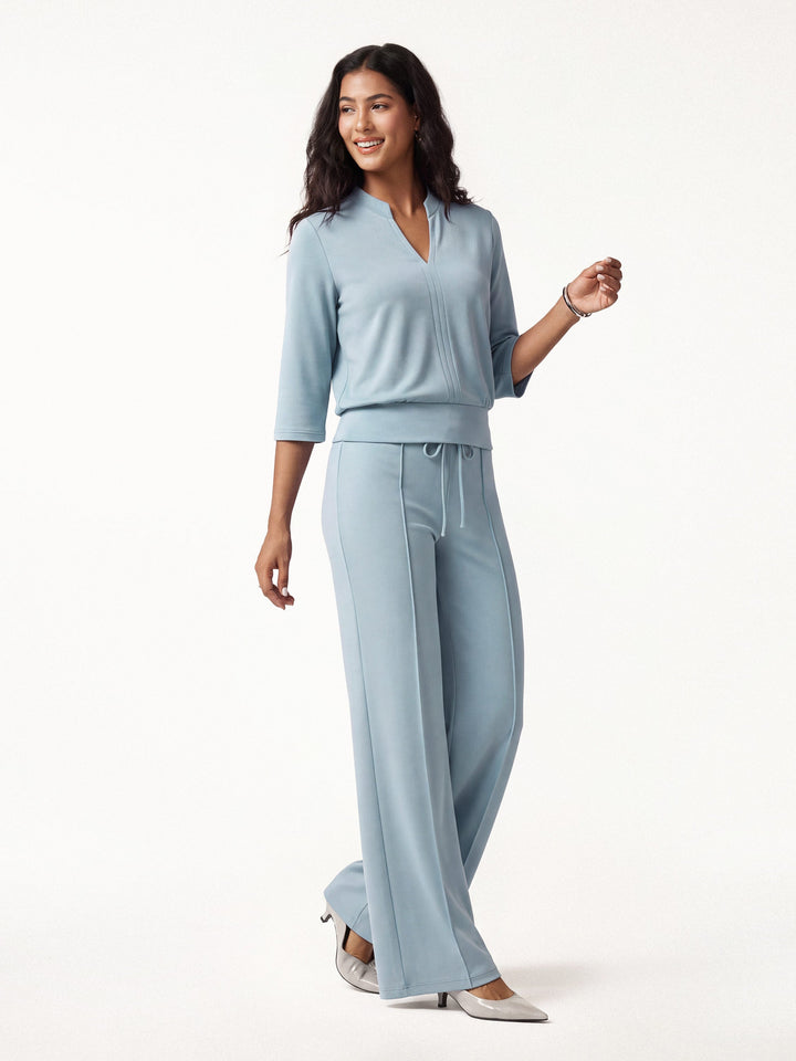 2Pcs Set V-Neck Elbow Sleeve Bam Top & High-Rise Flare Pants with Pockets