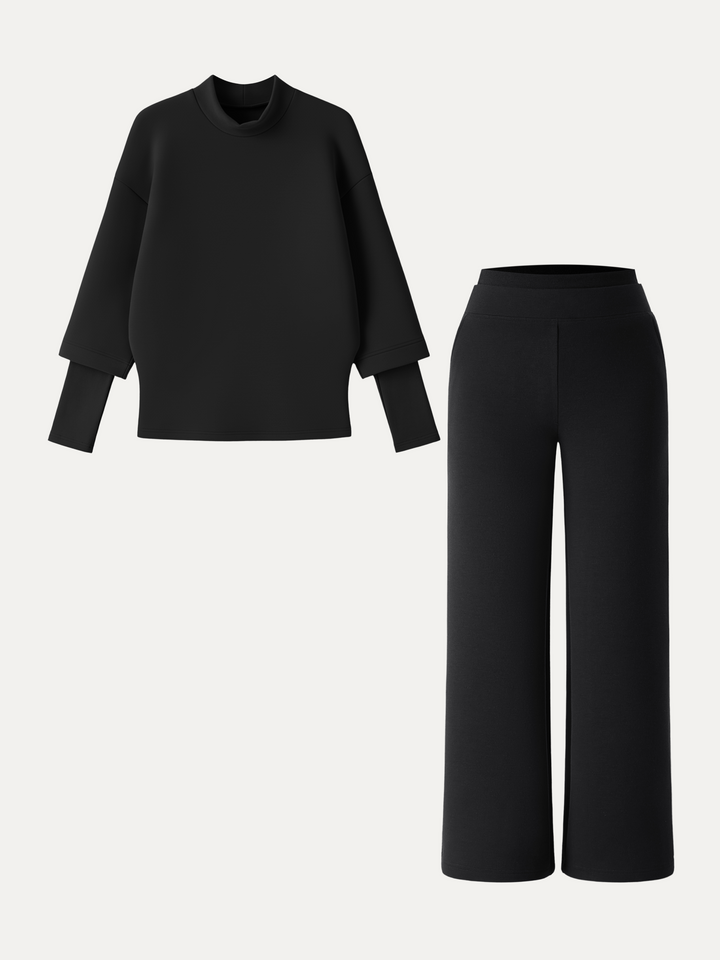 2Pcs Set Mockneck Sleeve-Warmer Top & Straight Leg Pants with Pockets