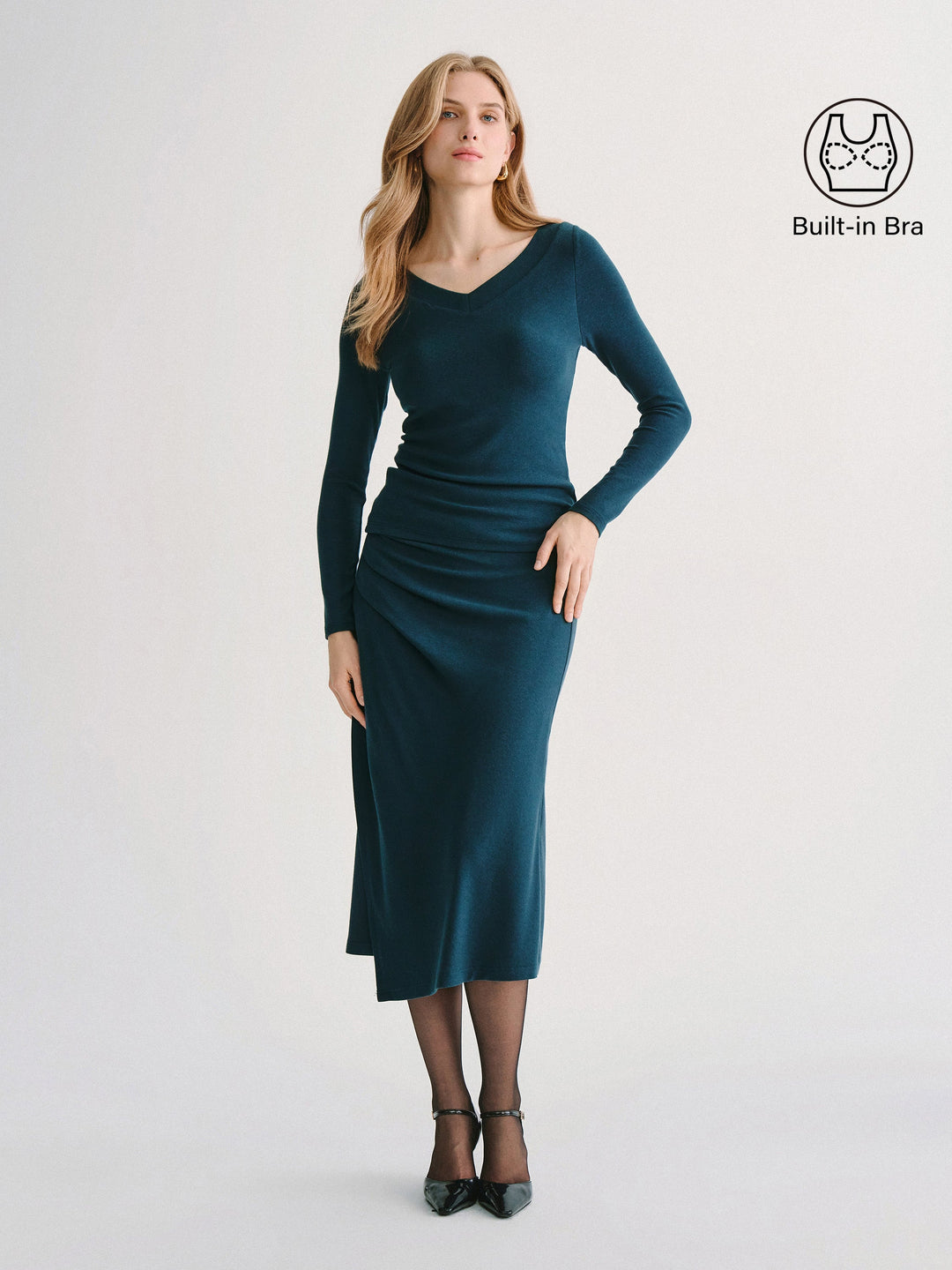 2Pcs Set LiteWarm V-Neck Long Sleeve Built-In Bra Top 3.0 & High-Rise Side-Tuck A-Line Midi Skirt — women's women > bundles&sets > bundles, front view