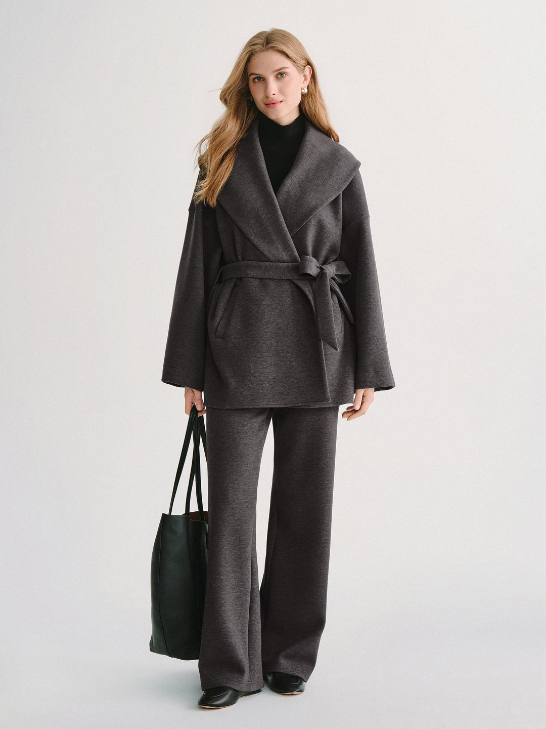 2Pcs Set Belted Shawl Collar Robe Jacket & Mid Rise Straight Pants with Pockets — women's women > bundles&sets > bundles, front view