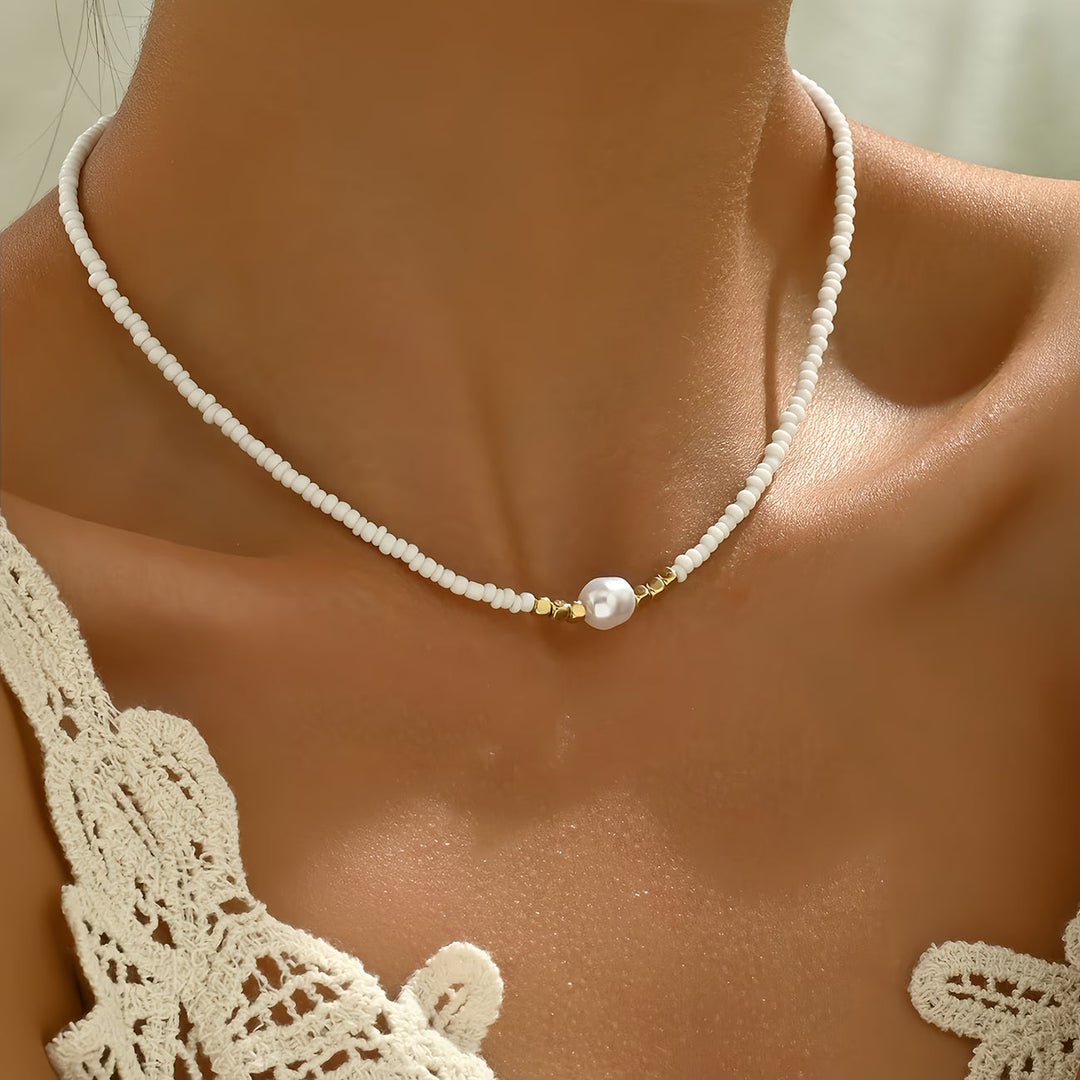 Turquoise and pearl necklace styled with a casual outfit