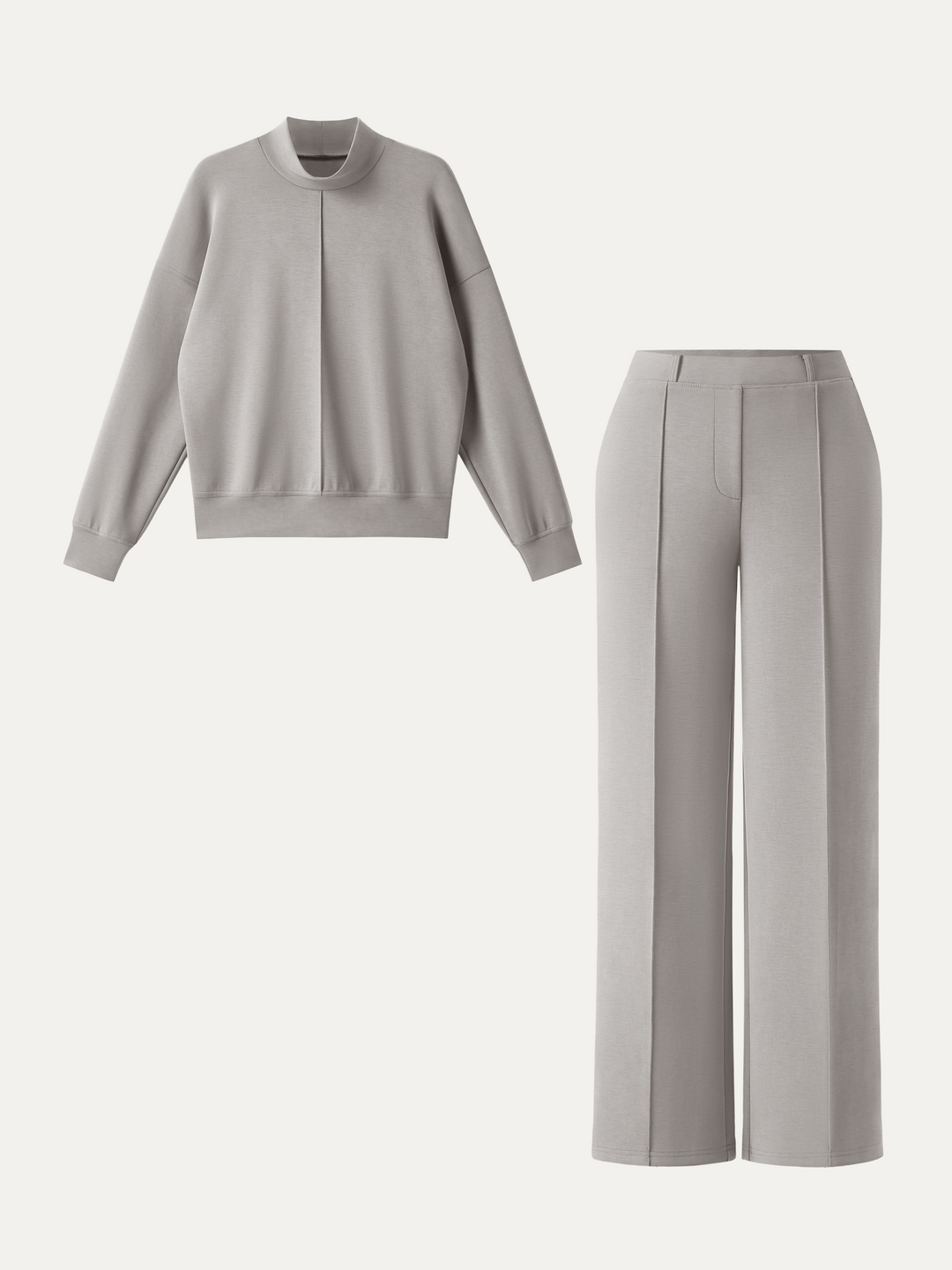 2Pcs Set Mockneck Pullover Shirt & Mid Rise Straight Leg Pants with Pockets