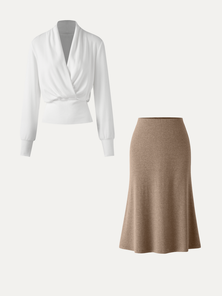 2Pcs Set LiteWarm Surplice Banded Hem Top & Soft Pull-On Midi Skirt