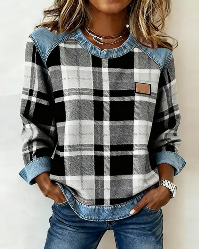 Célia | Women's Plaid Patchwork Denim Trim Sweatshirt