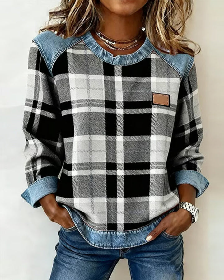 Célia | Women's Plaid Patchwork Denim Trim Sweatshirt
