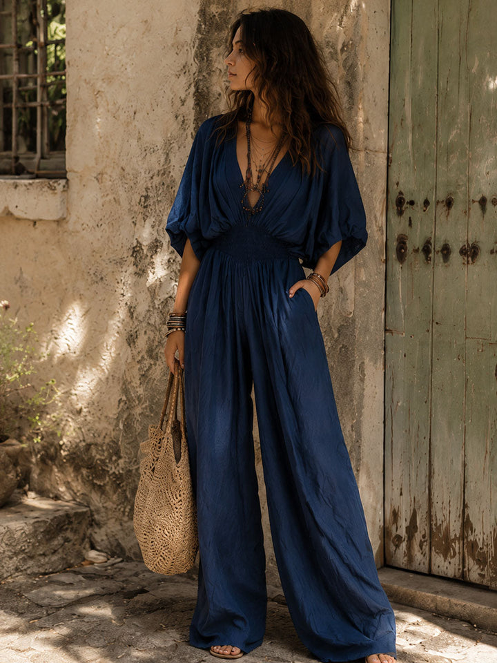 Bohemian Indigo Smocked Waist Jumpsuit