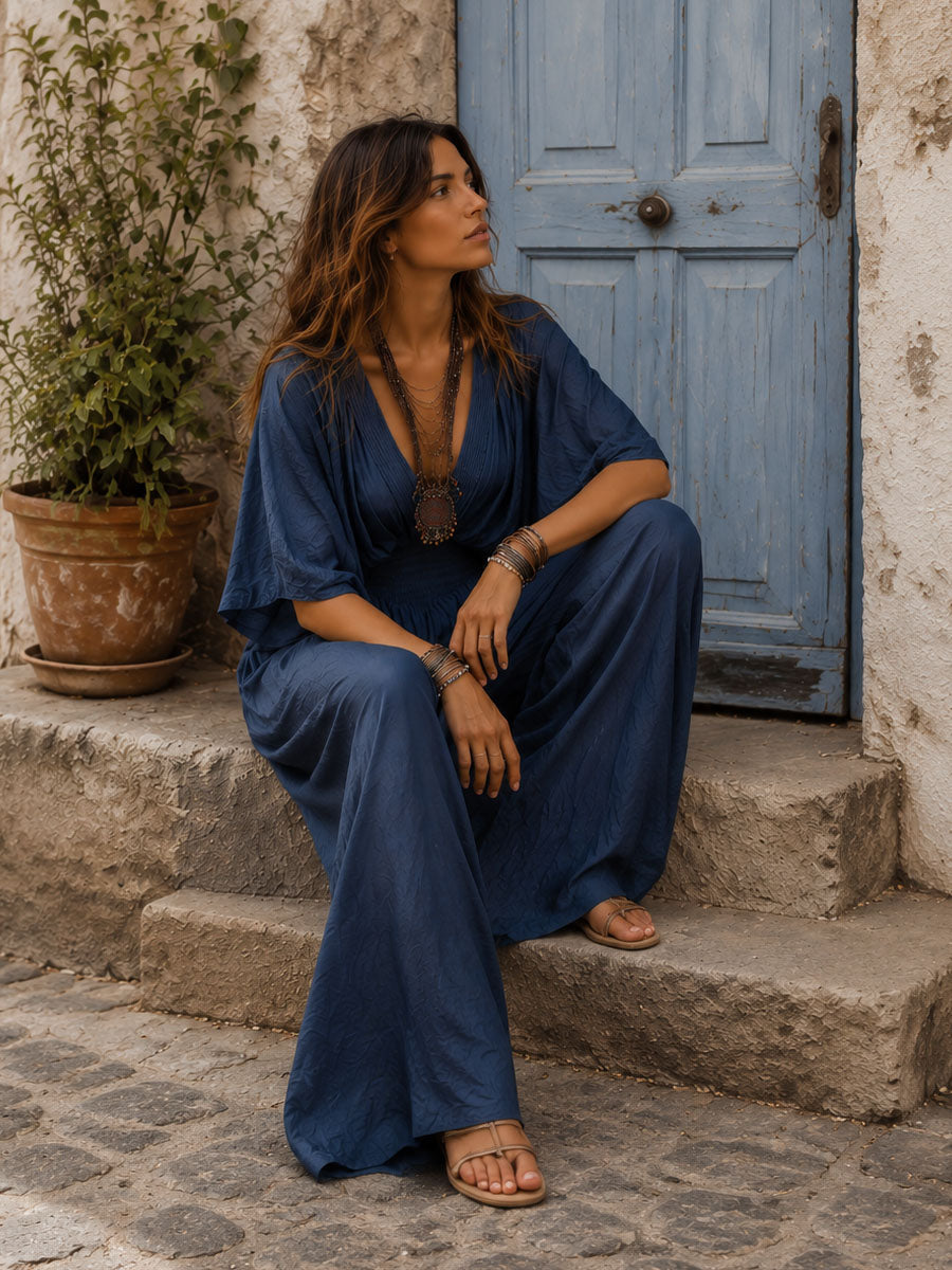 Bohemian Indigo Smocked Waist Jumpsuit