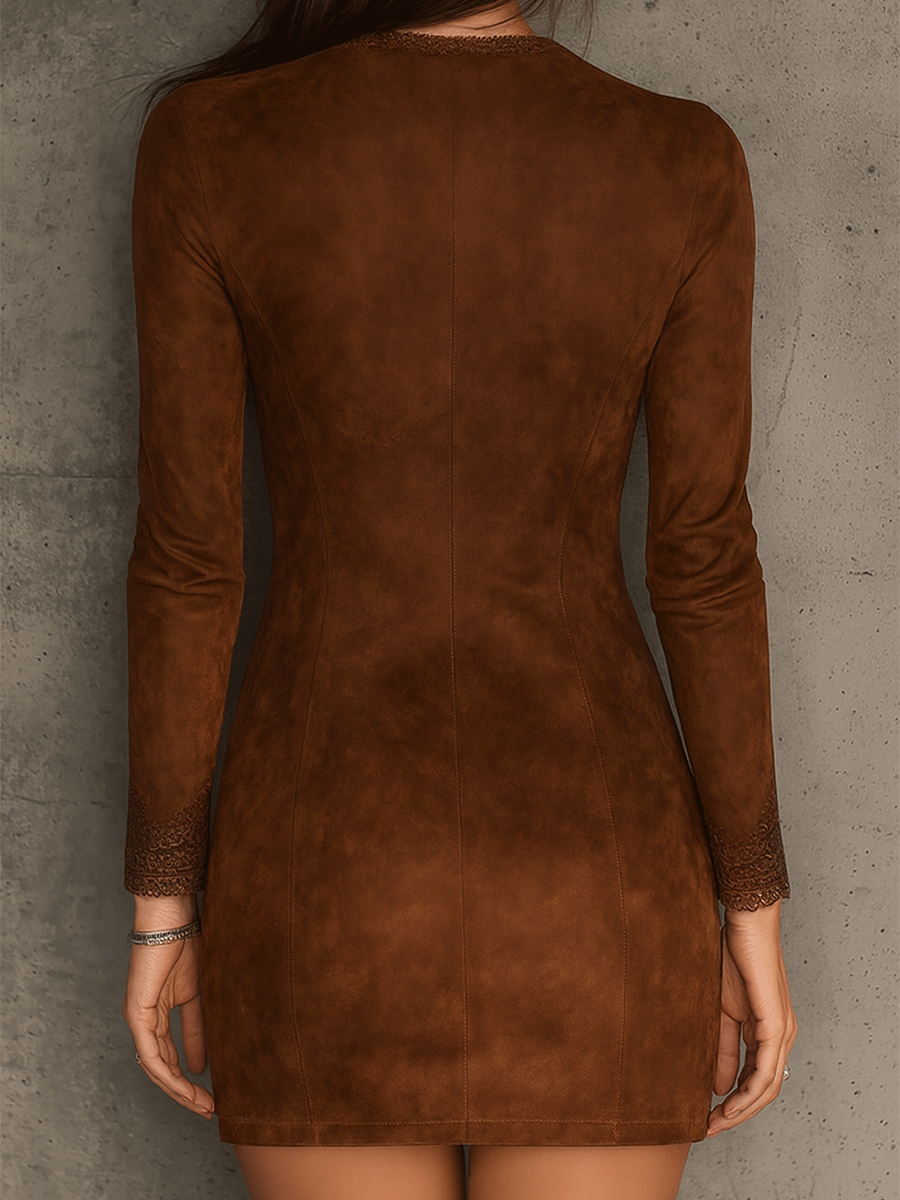 Vintage Caramel Brown Lace Trim And Zip Front Suede Mini Dress | Harry & Kate London