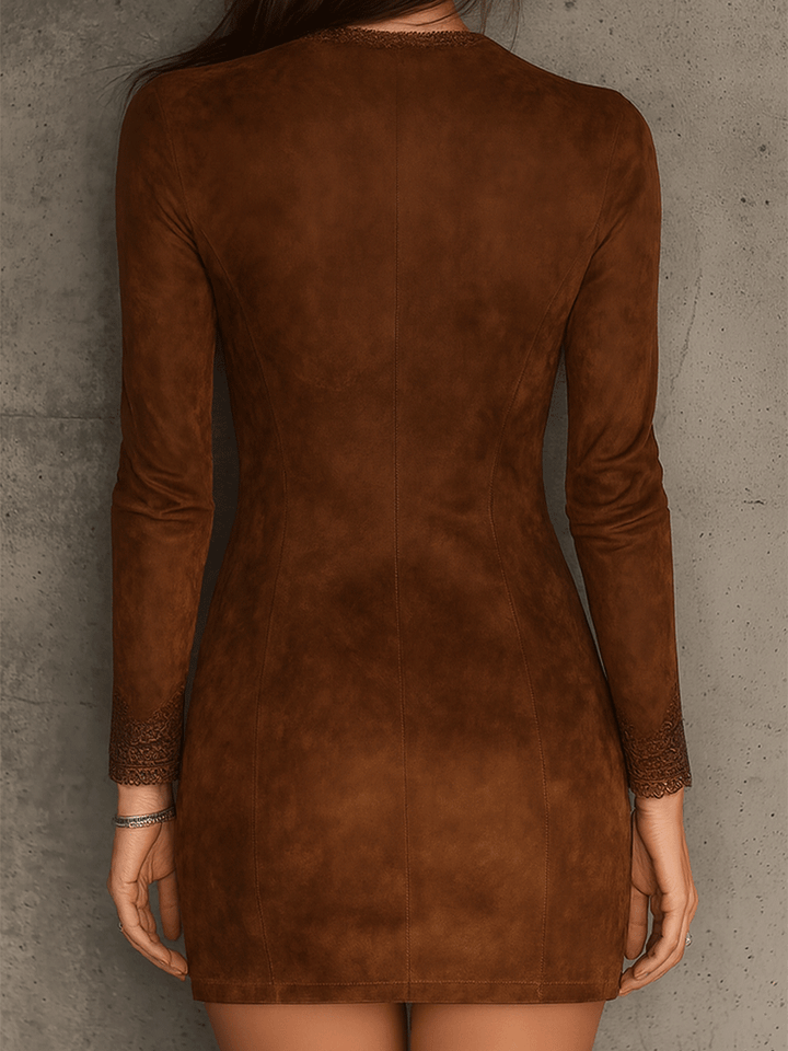 Vintage Caramel Brown Lace Trim And Zip Front Suede Mini Dress | Harry & Kate London