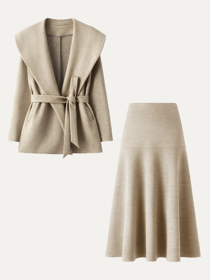 2Pcs Set Shawl Collar Belted Jacket & Mid-Rise Circle Midi Skirt