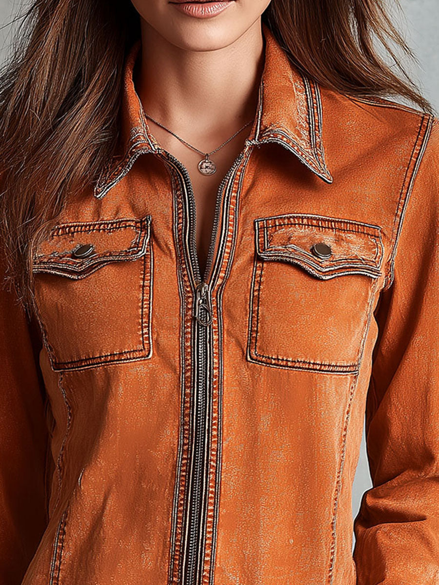 Vintage Burnt Orange Utility Zip Denim Jacket | Harry & Kate London