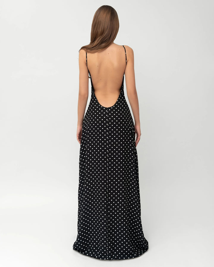 Midnight Muse Polka Maxi — women's maxi dress, close-up of the fabric and neckline