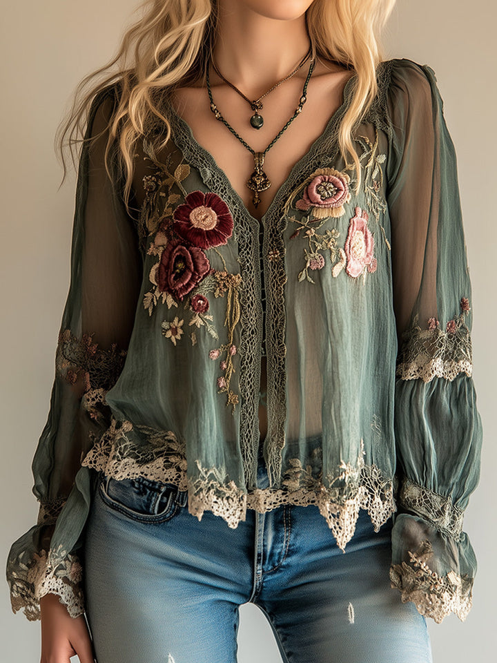 Bohemian Vintage Green Embroidered Shirt | Harry & Kate London