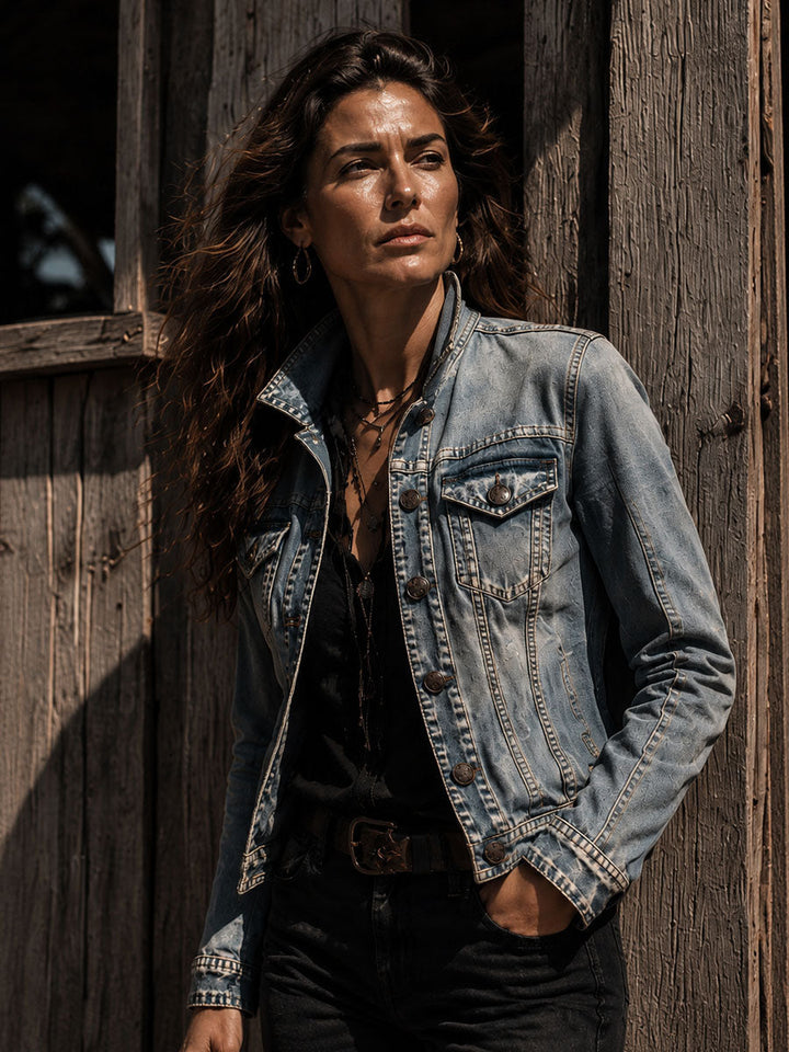 Vintage Distressed Washed Denim Collar Tailored Jacket | Harry & Kate London
