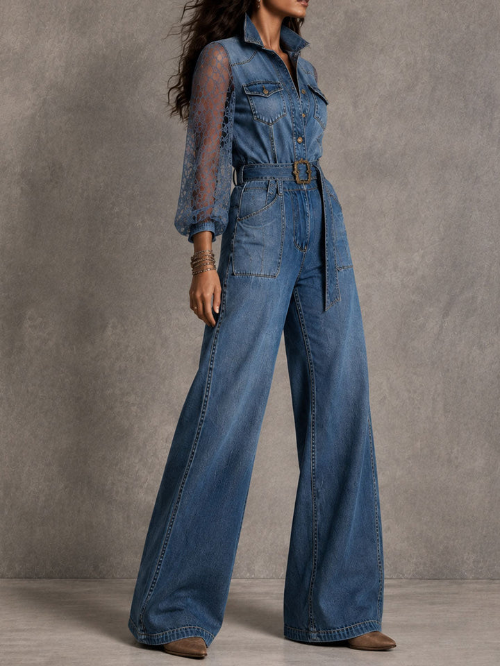 Boho Lace Puff Sleeve Collar Button Belted Wide Leg Denim Jumpsuit