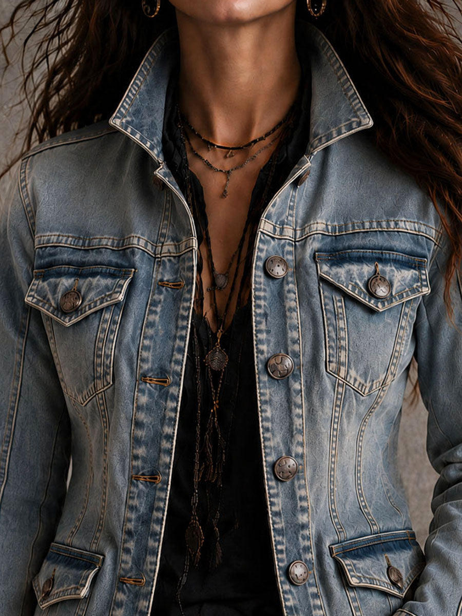 Vintage Distressed Washed Denim Collar Tailored Jacket | Harry & Kate London