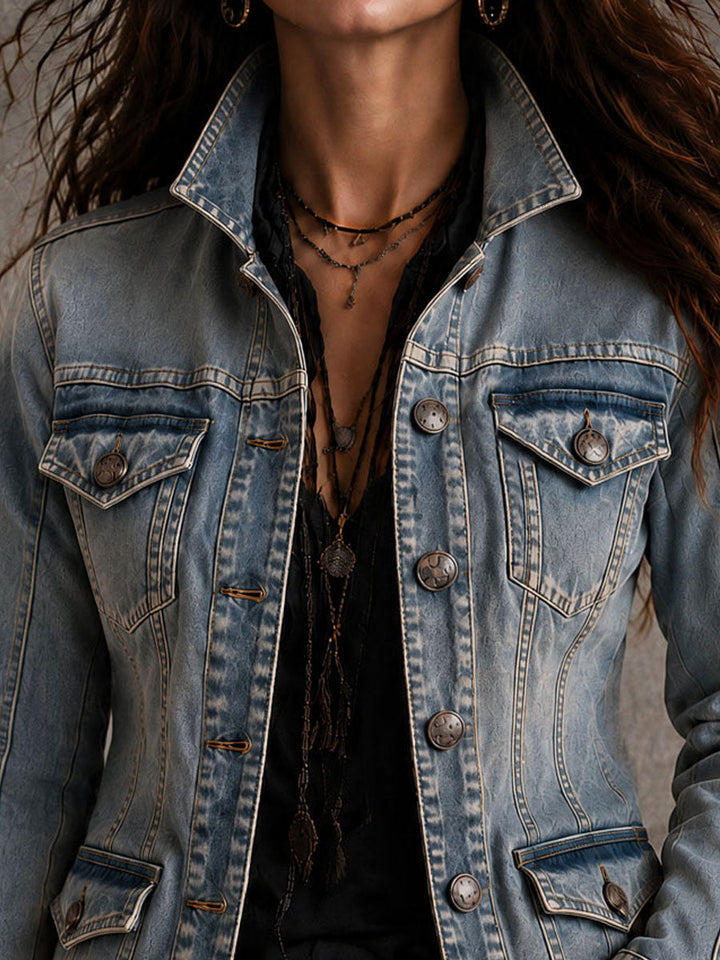Vintage Distressed Washed Denim Collar Tailored Jacket | Harry & Kate London