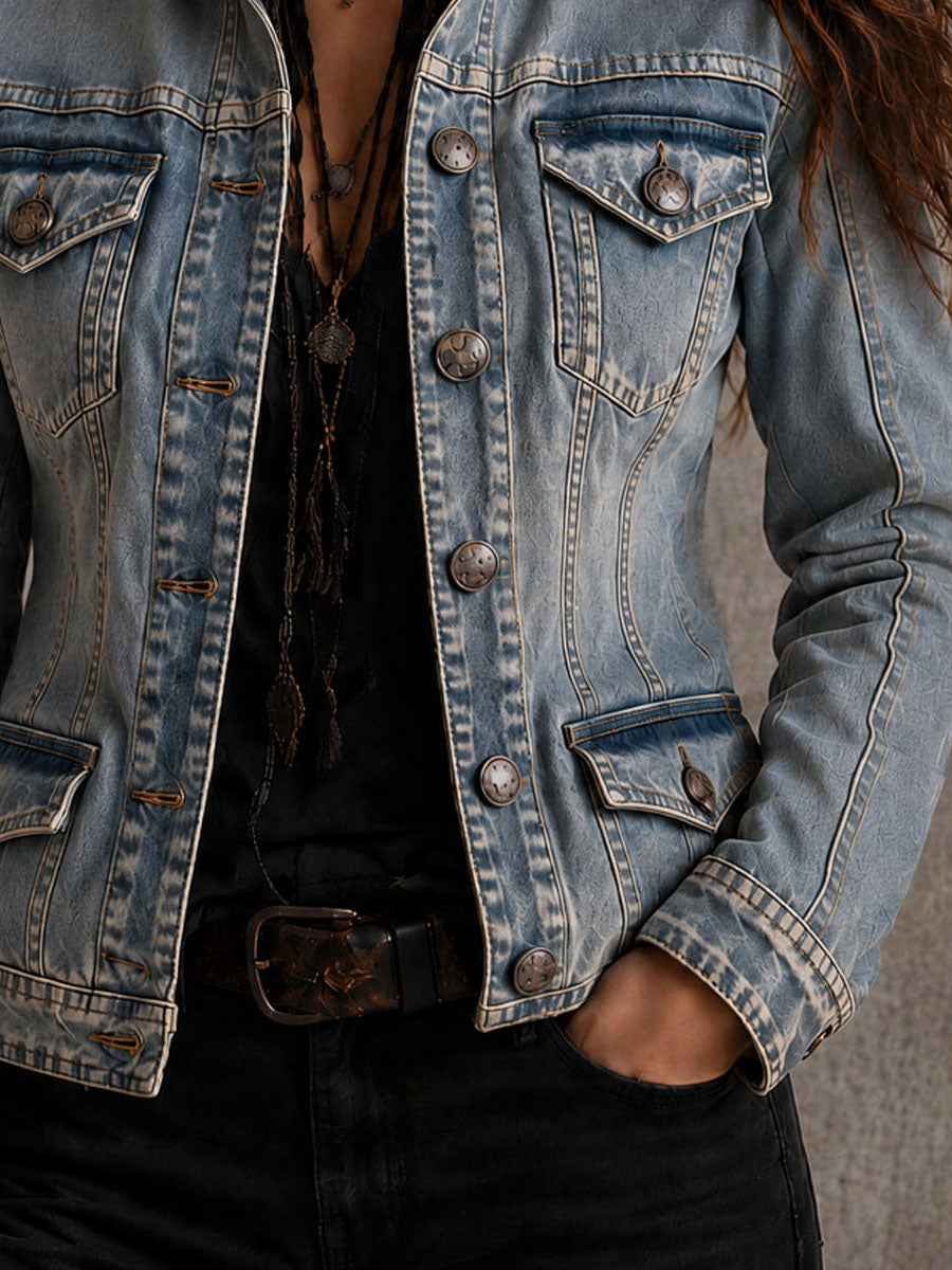 Vintage Distressed Washed Denim Collar Tailored Jacket | Harry & Kate London