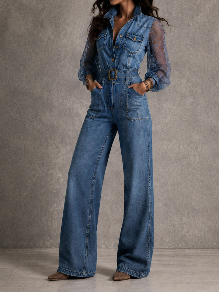 Boho Lace Puff Sleeve Collar Button Belted Wide Leg Denim Jumpsuit