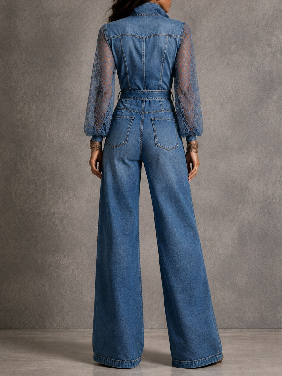 Boho Lace Puff Sleeve Collar Button Belted Wide Leg Denim Jumpsuit