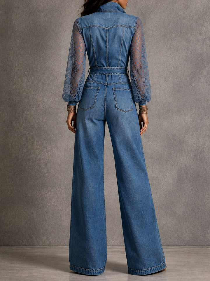 Boho Lace Puff Sleeve Collar Button Belted Wide Leg Denim Jumpsuit
