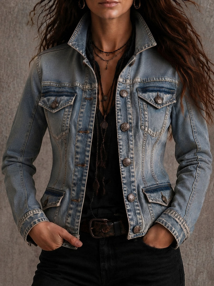 Vintage Distressed Washed Denim Collar Tailored Jacket | Harry & Kate London