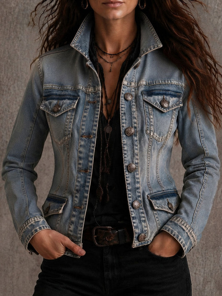 Vintage Distressed Washed Denim Collar Tailored Jacket | Harry & Kate London