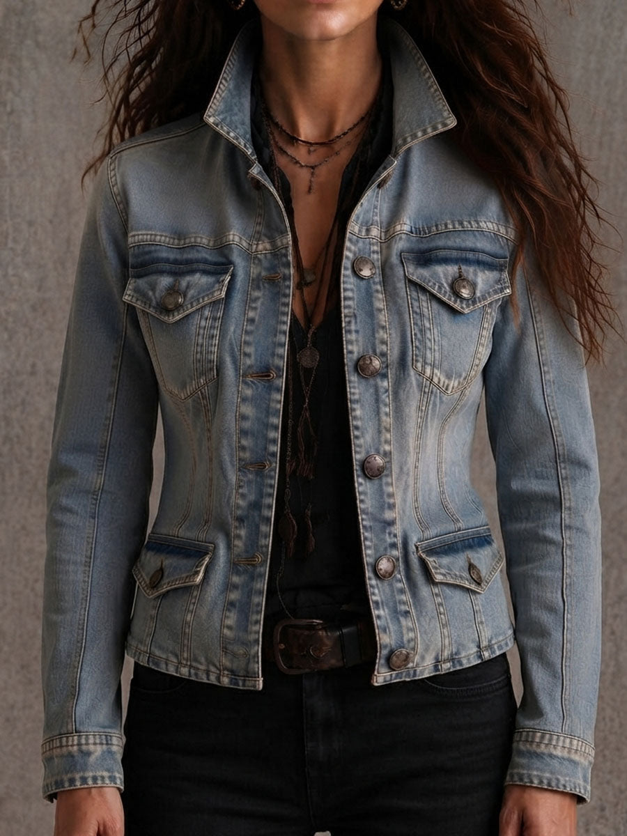 Vintage Distressed Washed Denim Collar Tailored Jacket | Harry & Kate London