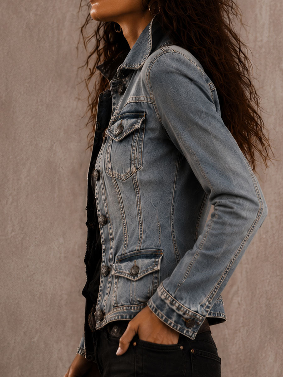 Vintage Distressed Washed Denim Collar Tailored Jacket | Harry & Kate London