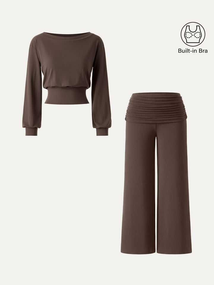 2Pcs Set Boatneck Built-In Bra Top 2.0 & Drapey Wide Leg Pull-on Pants with Pockets