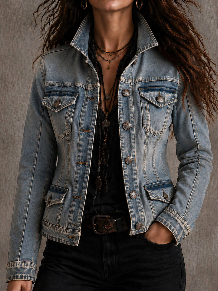 Vintage Distressed Washed Denim Collar Tailored Jacket | Harry & Kate London