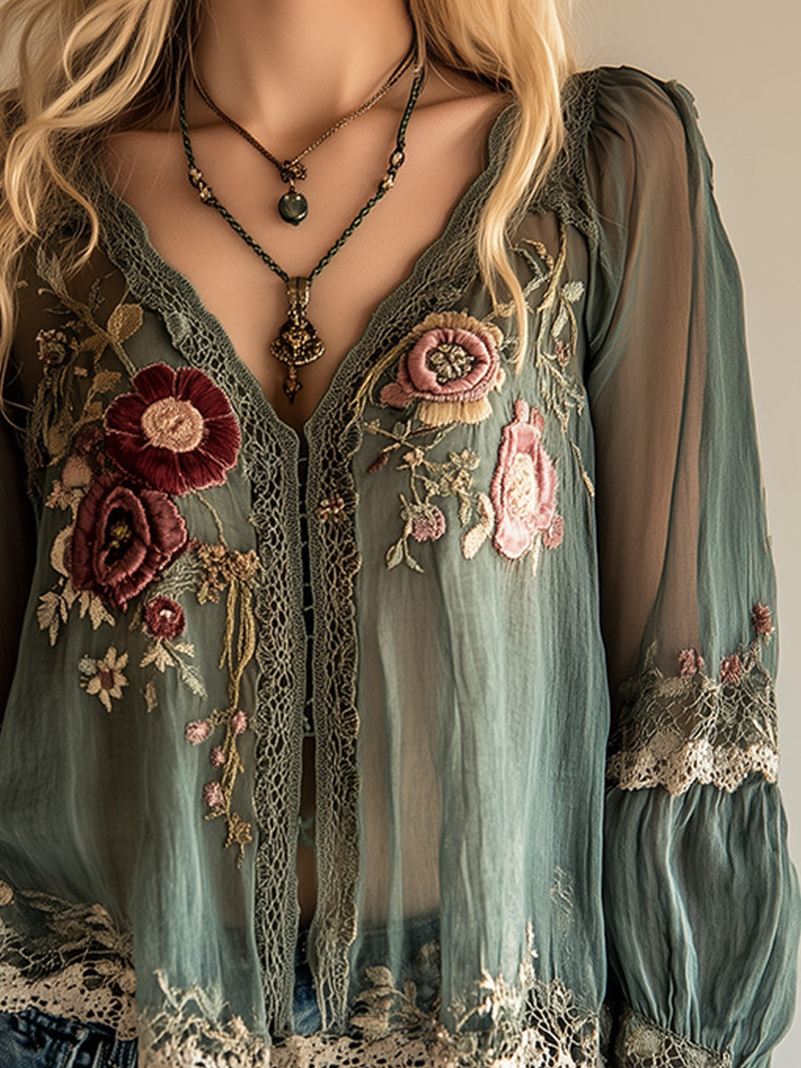 Bohemian Vintage Green Embroidered Shirt | Harry & Kate London