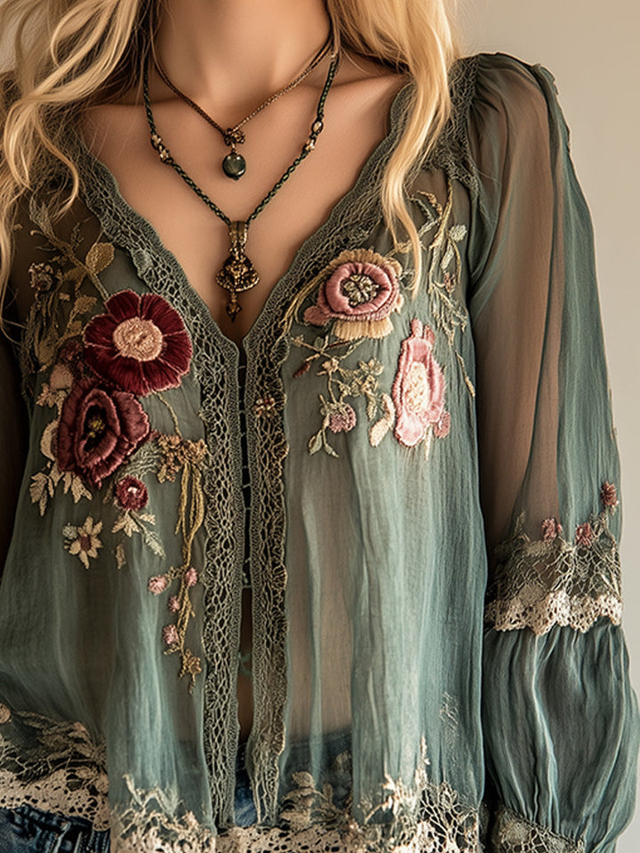 Bohemian Vintage Green Embroidered Shirt | Harry & Kate London