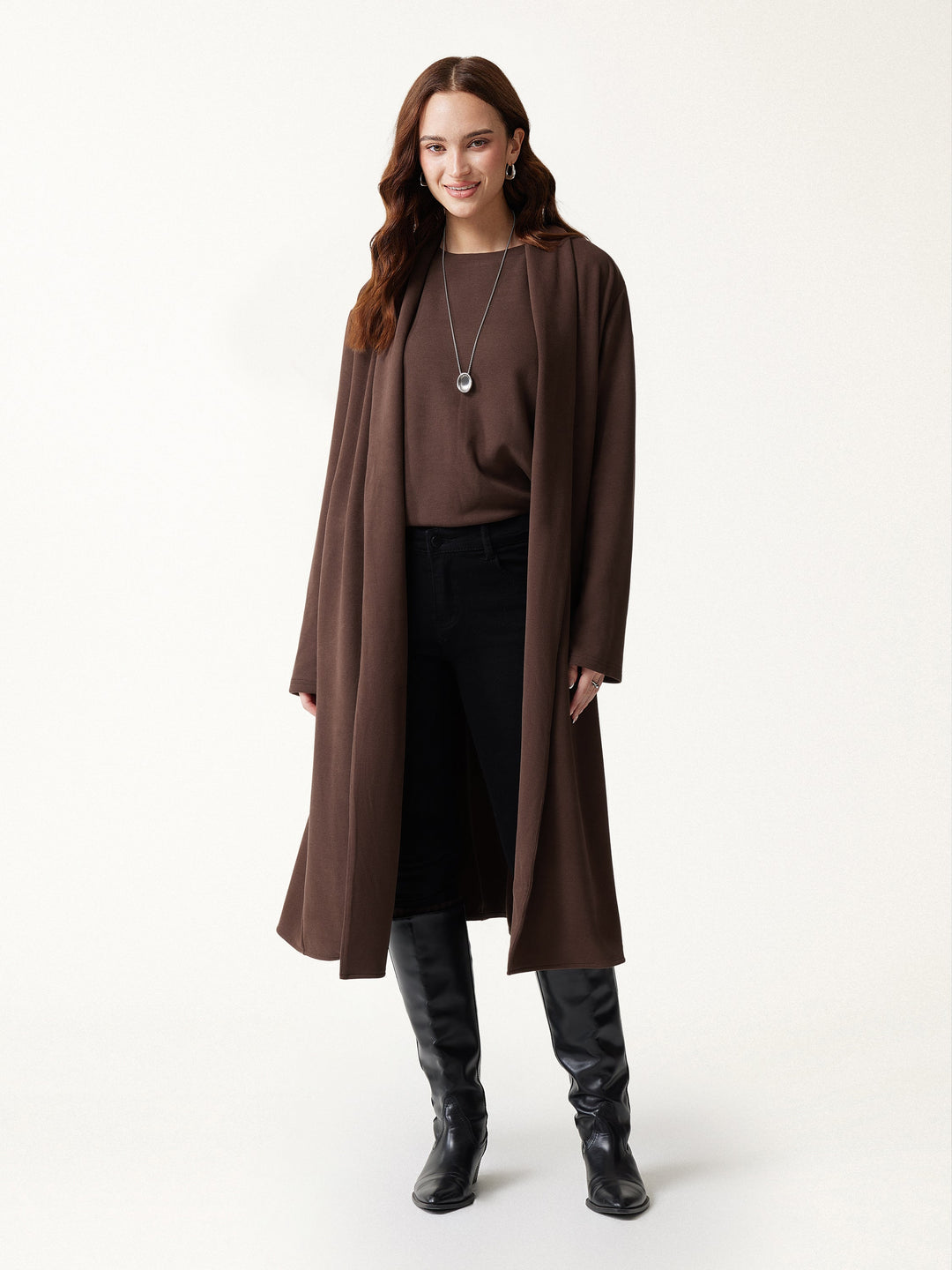 2Pcs Set MaxWarm Shawl Collar Long Sleeve Midi Cardigan with Pockets & Boatneck Long Sleeve Textured Top