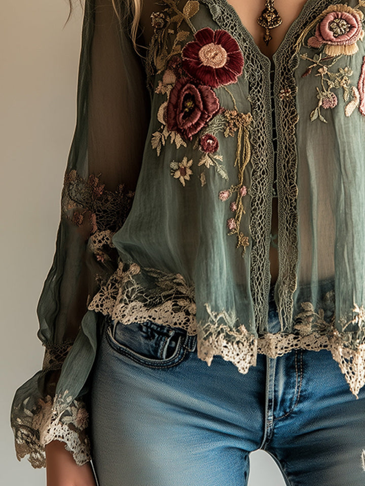 Bohemian Vintage Green Embroidered Shirt | Harry & Kate London