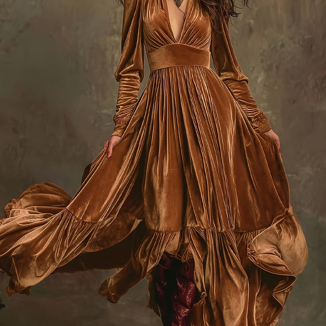 Eveline velvet maxi dress back – ruffled hem long sleeves women