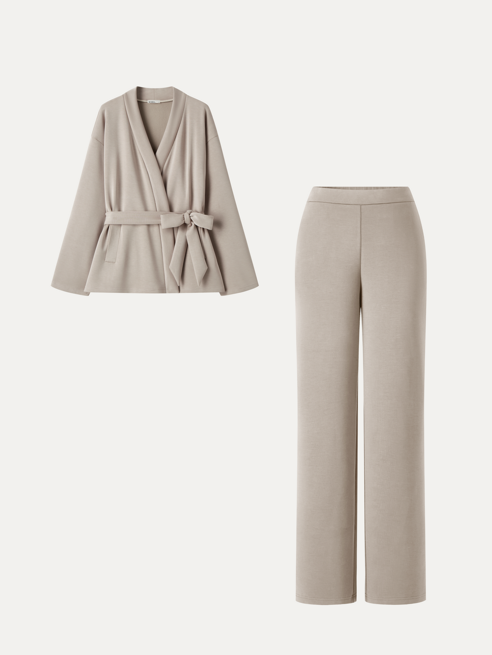 2Pcs Set MaxWarm Belted Wrap Cardigan Coat with Poclets & High-Rise Straight-Leg Pants with Pockets — women's women > bundles&sets > bundles, back view