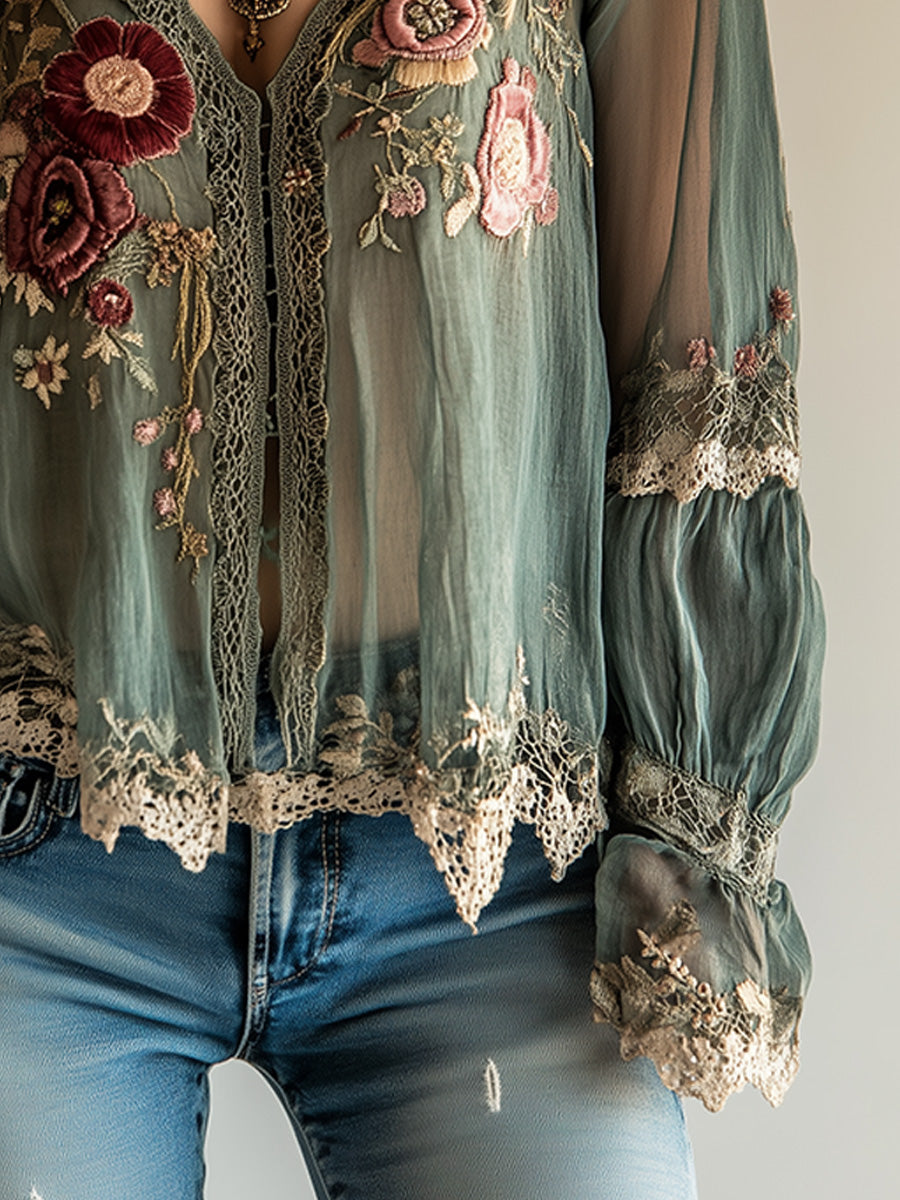 Bohemian Vintage Green Embroidered Shirt | Harry & Kate London