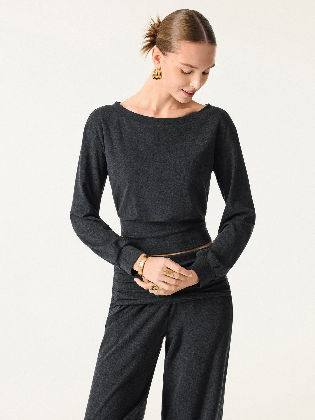 2Pcs Set Boatneck Built-In Bra Top 2.0 & Drapey Wide Leg Pull-on Pants with Pockets