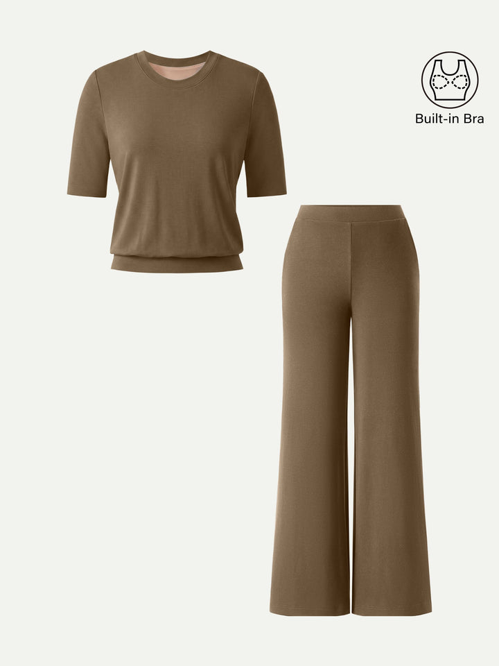 2Pcs Set Regular Mid Rise Wide Leg Pants & Crewneck Built-In Bra Top 2.0