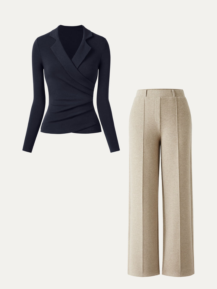 2Pcs Set Collared Surplice Top & High Waisted Straight Leg Pull On Pant