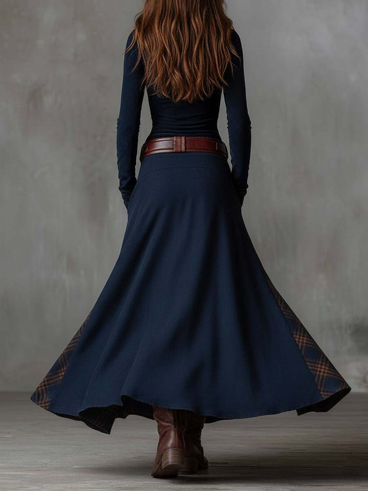 Vintage Patchwork Suede Maxi Dress With Plaid Panels