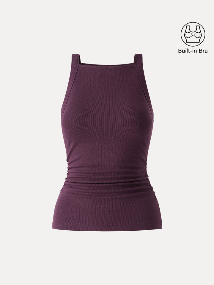 Plantive Chic Square Neck Ruched Rib Built-In Bra Tank 2.0