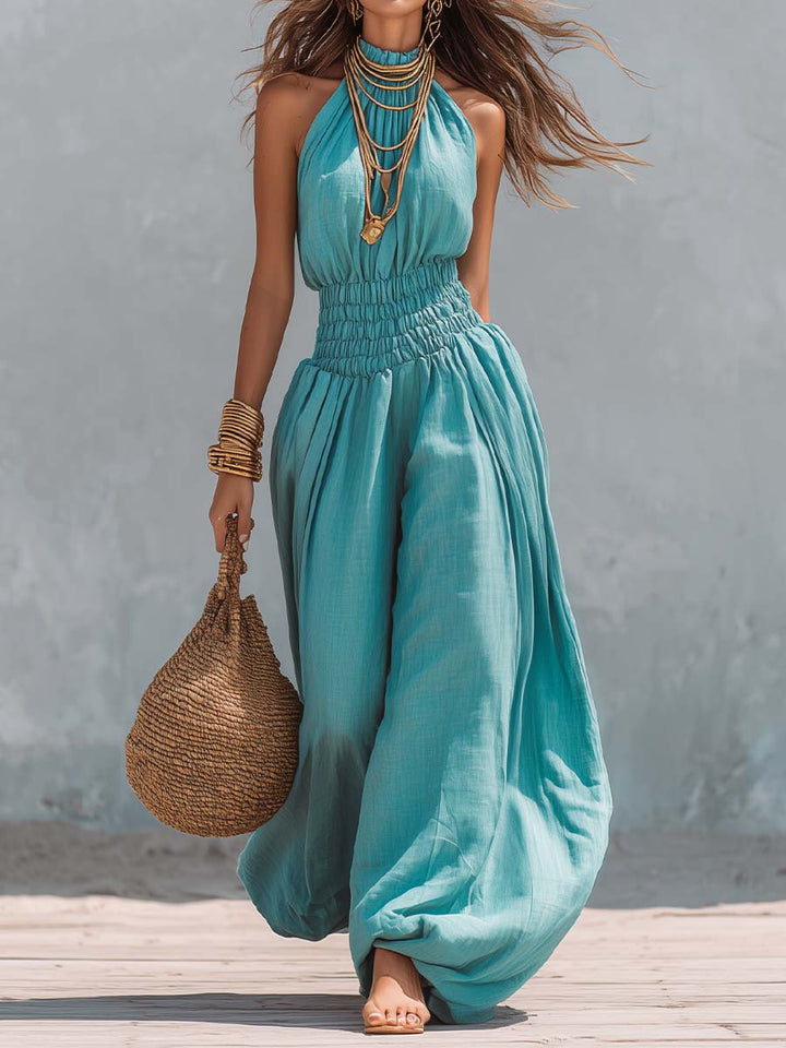 Bohemian Cotton-Linen Halter Smocked Balloon-Leg Jumpsuit