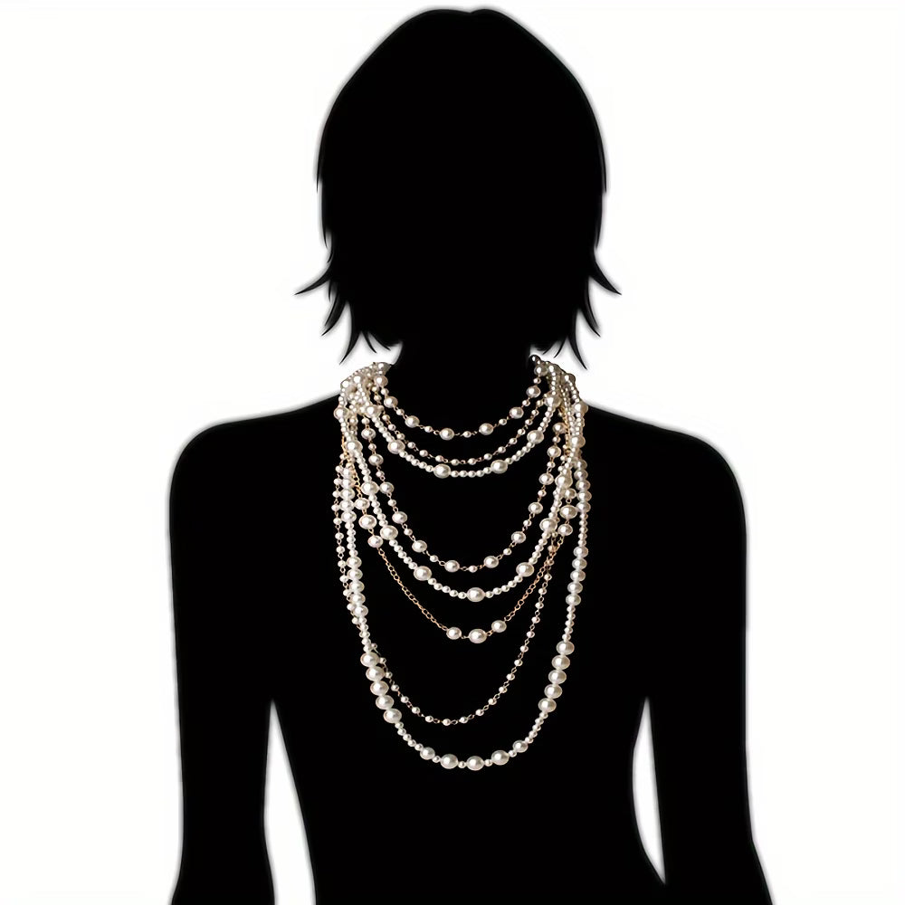 Model wearing the boho layered pearl statement set with an outfit