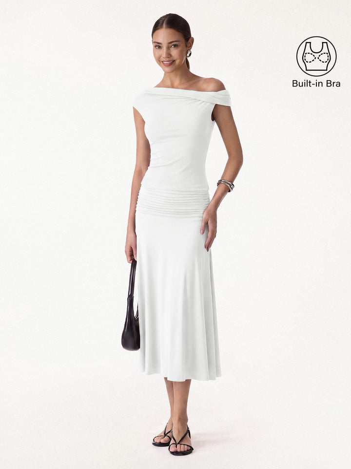 2Pcs Set Multi-wear Built-In Bra Top 2.0 & Side Ruched A-line Midi Skirt