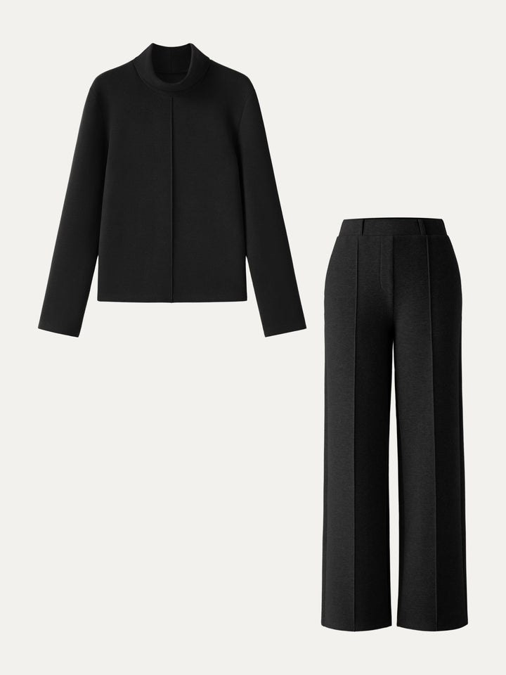 2Pcs Set FuzzLuxe Turtleneck Top & Regular High Waisted Straight Leg Pull On Pant